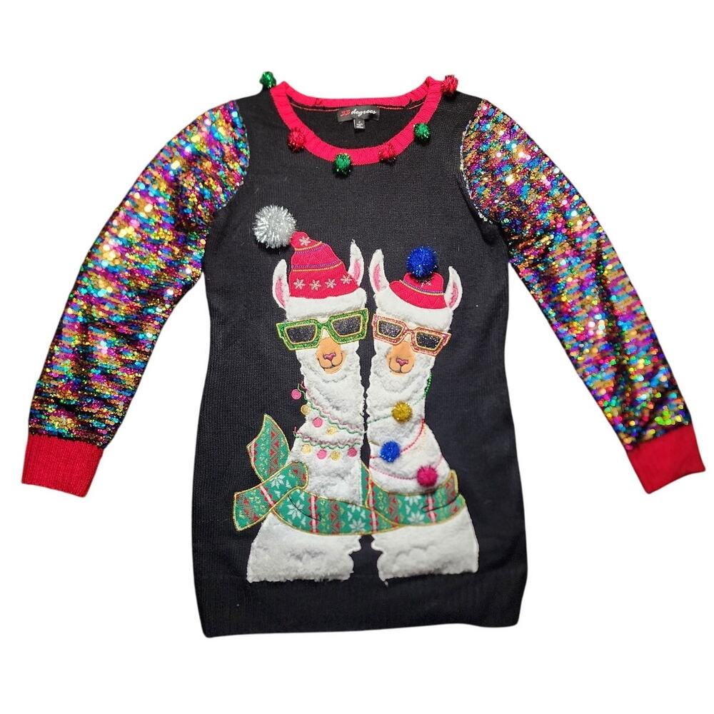 33 Degrees Festive Llama Sequins Tunic Pom Pom Ugly Christmas Sweater Small